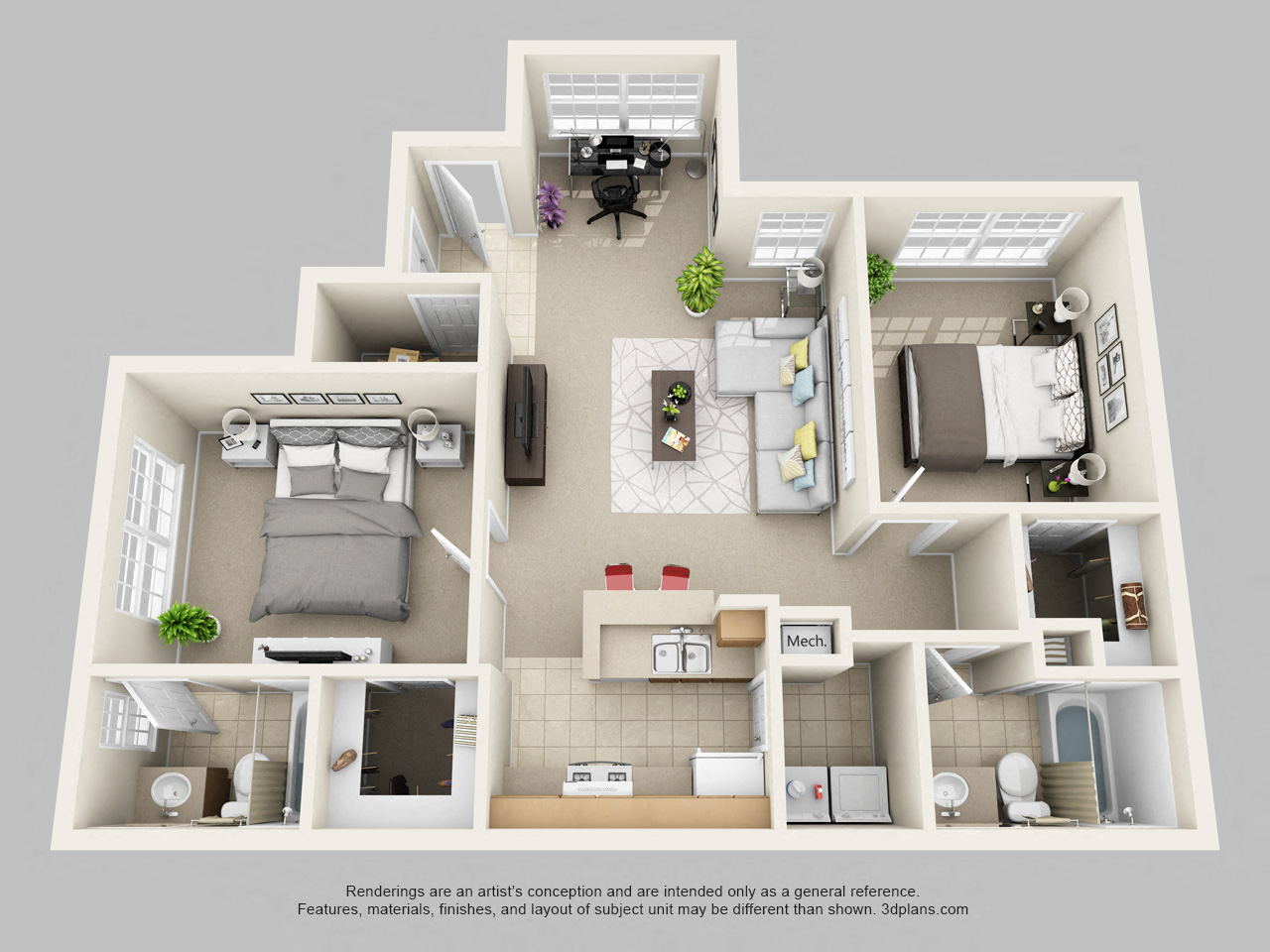 Floor plan for 2 beds, 2 baths, 1074 sqft